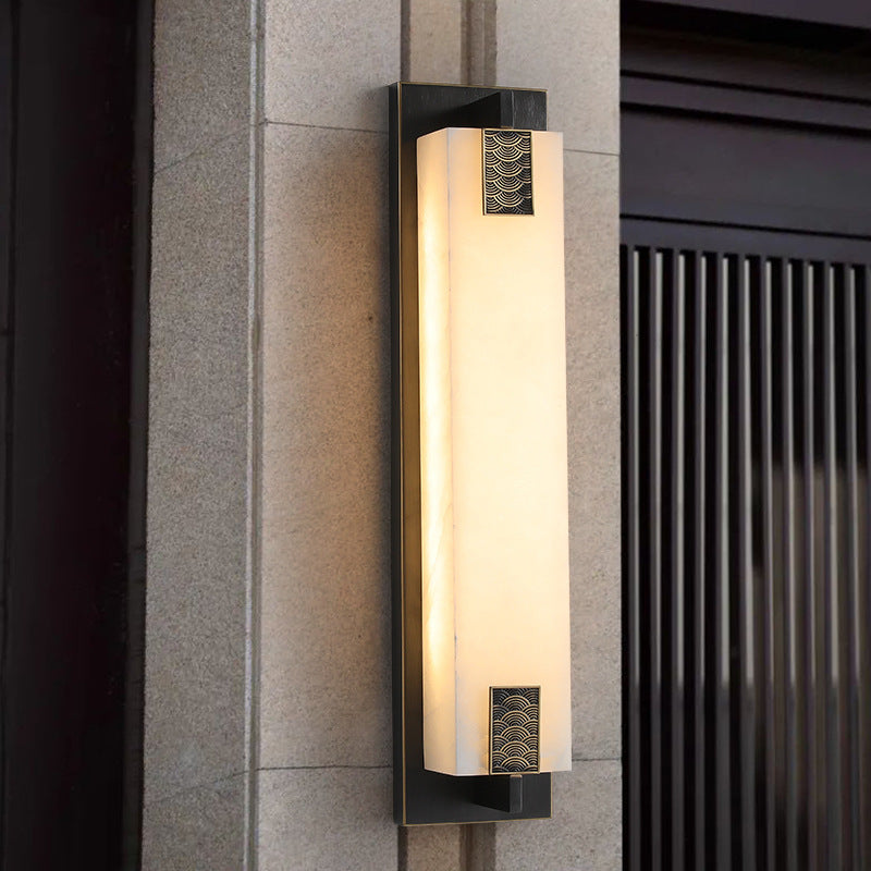 Traditional Chinese Waterproof Rectangle Copper Marble LED Wall Sconce Lamp For Patio