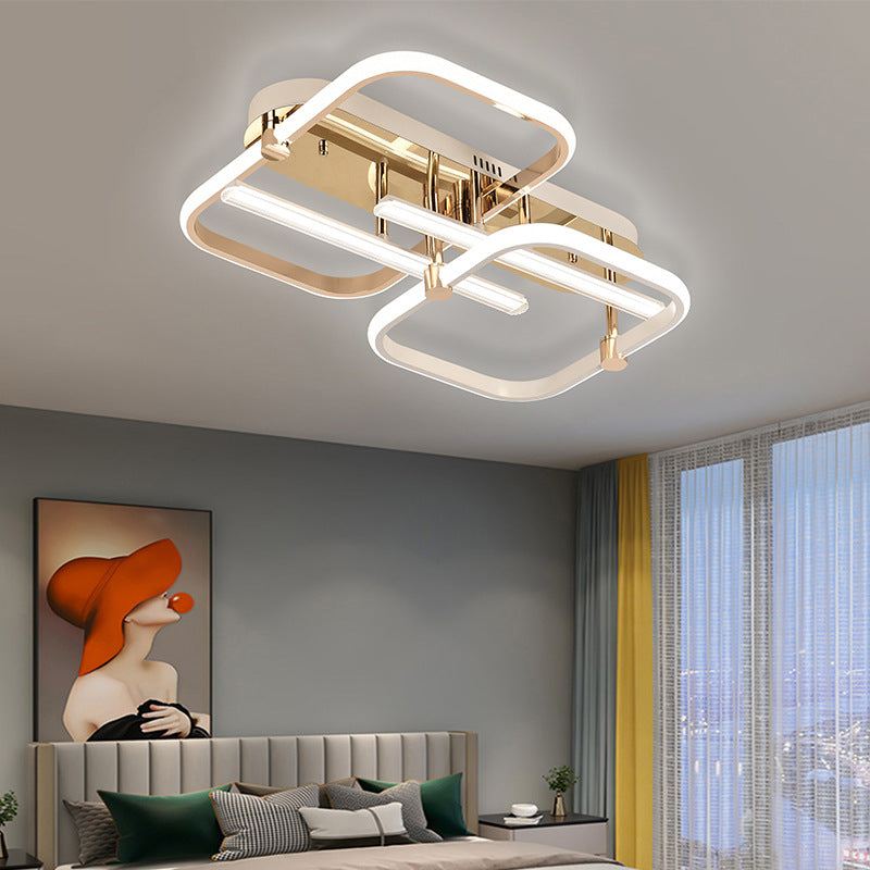 Contemporary Creative Round Square Double Ring Aluminum Acrylic Semi-Flush Mount Ceiling Light For Living Room