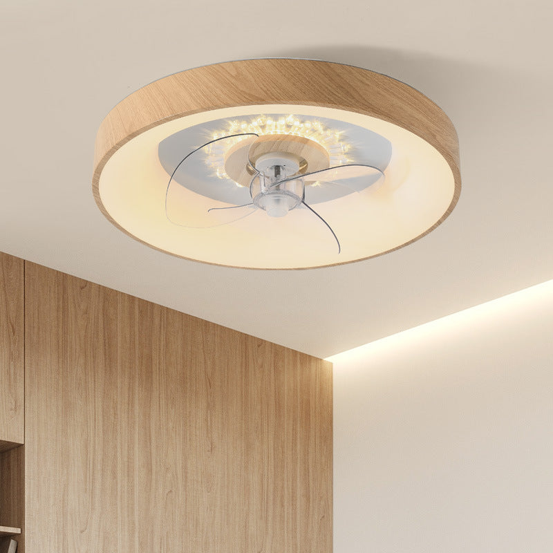 Modern Minimalist Fan Round Dome Wood Acrylic LED Flush Mount Ceiling Fan Light For Bedroom