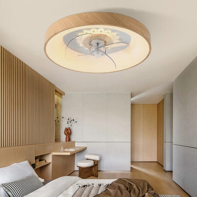 Modern Minimalist Fan Round Dome Wood Acrylic LED Flush Mount Ceiling Fan Light For Bedroom