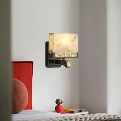 Traditional Chinese Square Copper Marble 1-Light Wall Sconce Lamp For Bedroom