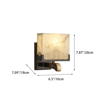 Traditional Chinese Square Copper Marble 1-Light Wall Sconce Lamp For Bedroom