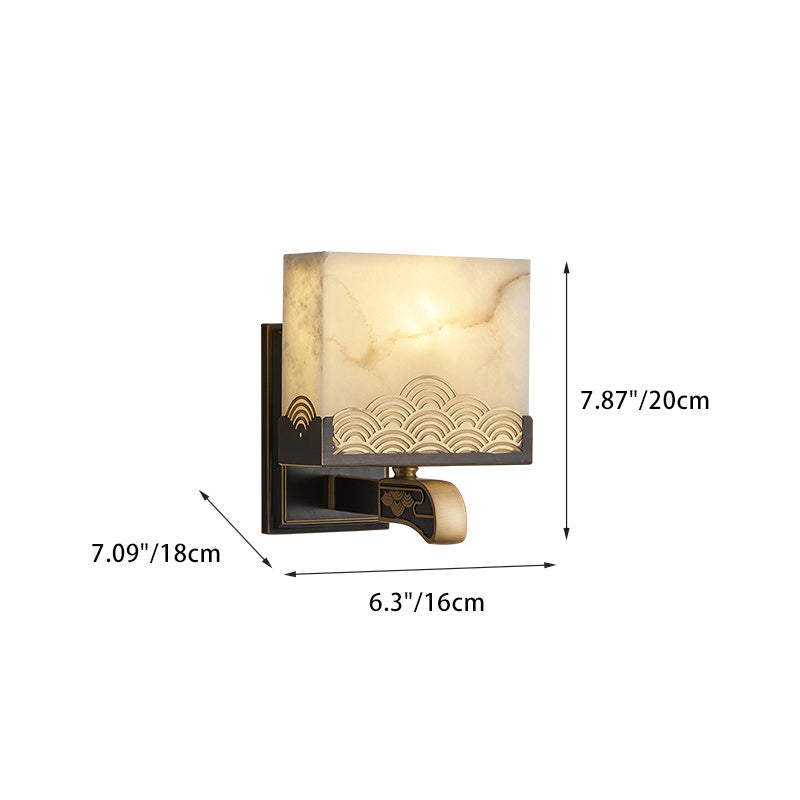 Traditional Chinese Square Copper Marble 1-Light Wall Sconce Lamp For Bedroom