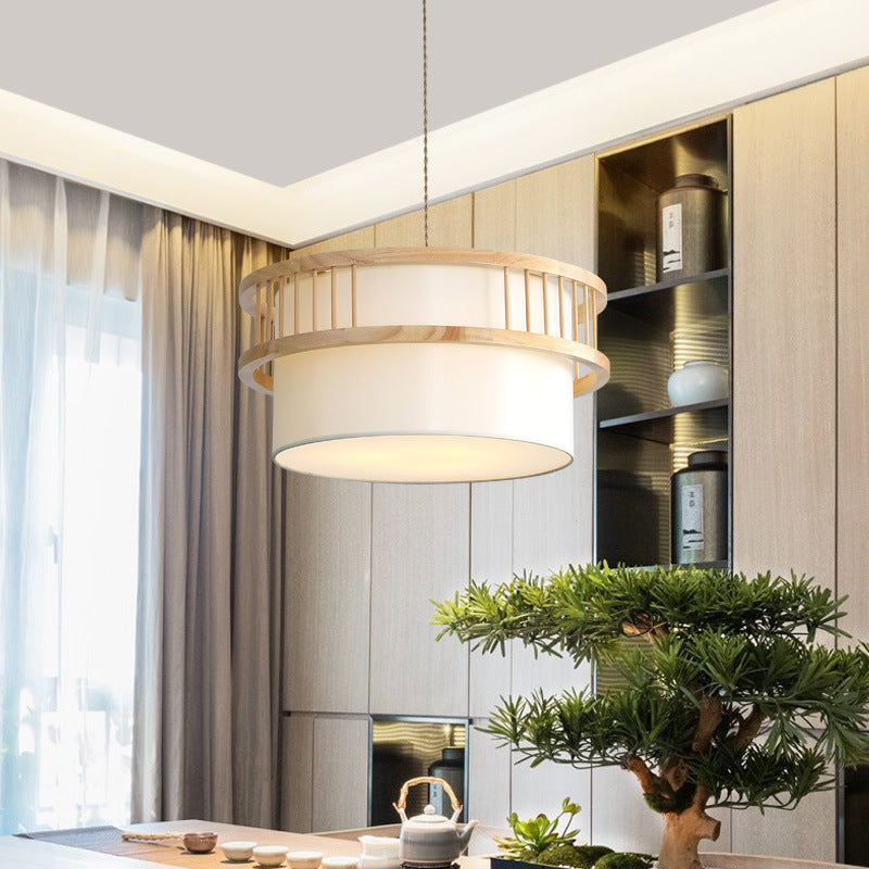 Traditional Japanese Round Cylinder Rubberwood Fabric 1-Light Pendant Light For Dining Room