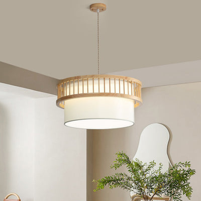 Traditional Japanese Round Cylinder Rubberwood Fabric 1-Light Pendant Light For Dining Room