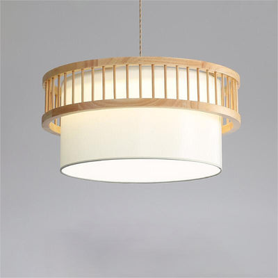 Traditional Japanese Round Cylinder Rubberwood Fabric 1-Light Pendant Light For Dining Room