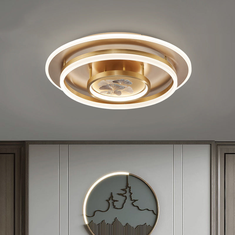 Traditional Chinese Round Dome Ginkgo Copper Iron Enamel LED Flush Mount Ceiling Light For Bedroom