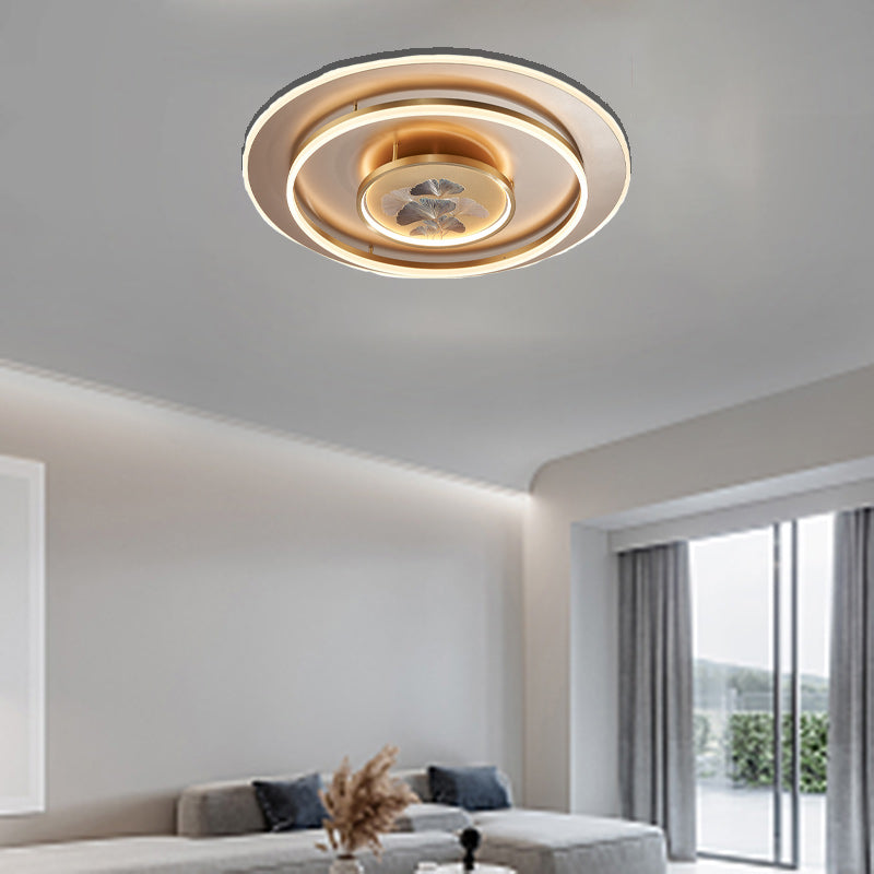 Traditional Chinese Round Dome Ginkgo Copper Iron Enamel LED Flush Mount Ceiling Light For Bedroom