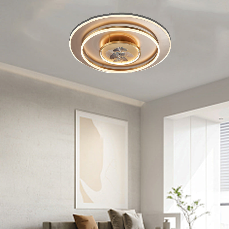 Traditional Chinese Round Dome Ginkgo Copper Iron Enamel LED Flush Mount Ceiling Light For Bedroom