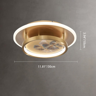 Traditional Chinese Round Dome Ginkgo Copper Iron Enamel LED Flush Mount Ceiling Light For Bedroom