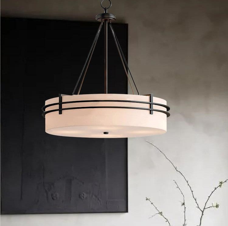 Traditional Japanese Round Cylinder Carbon Steel Linen 3/5 Light Chandelier For Living Room