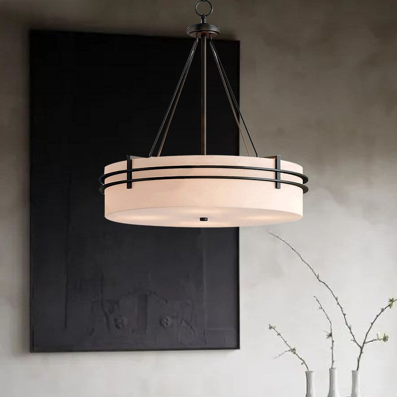 Traditional Japanese Round Cylinder Carbon Steel Linen 3/5 Light Chandelier For Living Room