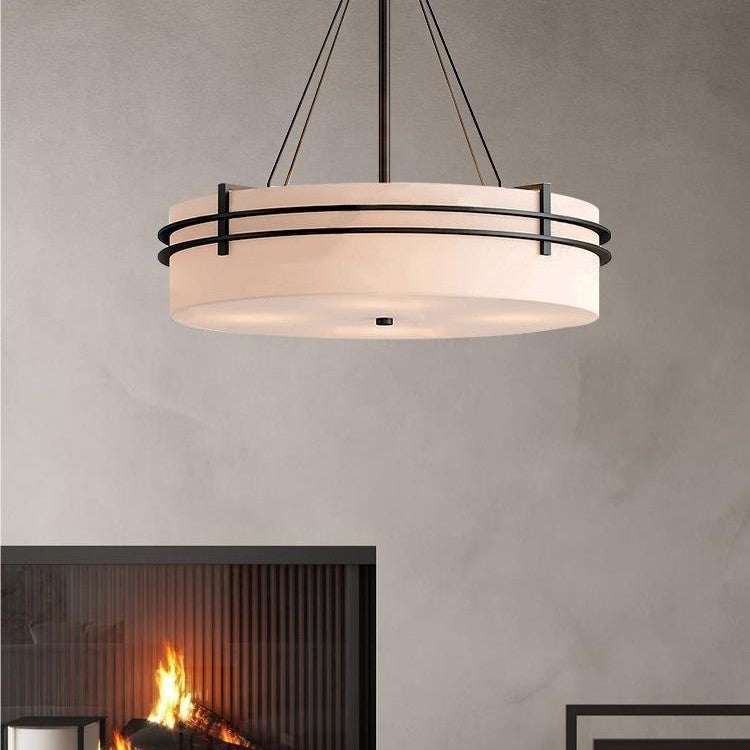 Traditional Japanese Round Cylinder Carbon Steel Linen 3/5 Light Chandelier For Living Room