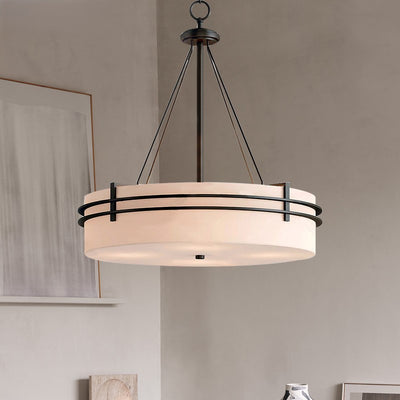 Traditional Japanese Round Cylinder Carbon Steel Linen 3/5 Light Chandelier For Living Room