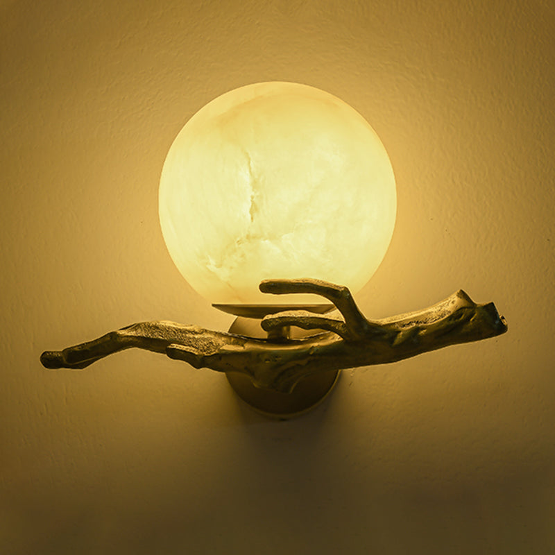 Traditional Chinese Round Orb Twig Copper Marble 1-Light Wall Sconce Lamp For Bedroom