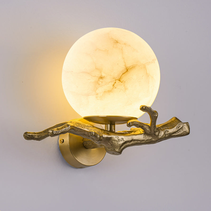 Traditional Chinese Round Orb Twig Copper Marble 1-Light Wall Sconce Lamp For Bedroom