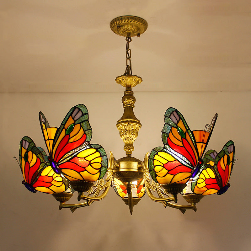 Traditional Tiffany Butterfly Shape Alloy Glass 3/5 Light Chandelier For Bedroom