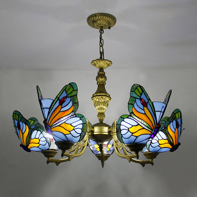 Traditional Tiffany Butterfly Shape Alloy Glass 3/5 Light Chandelier For Bedroom