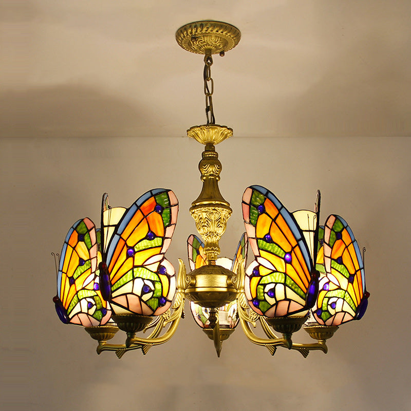 Traditional Tiffany Butterfly Shape Alloy Glass 3/5 Light Chandelier For Bedroom