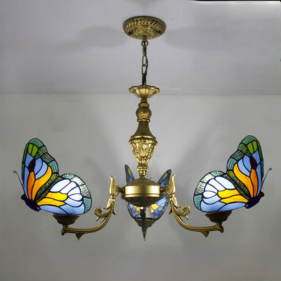 Traditional Tiffany Butterfly Shape Alloy Glass 3/5 Light Chandelier For Bedroom