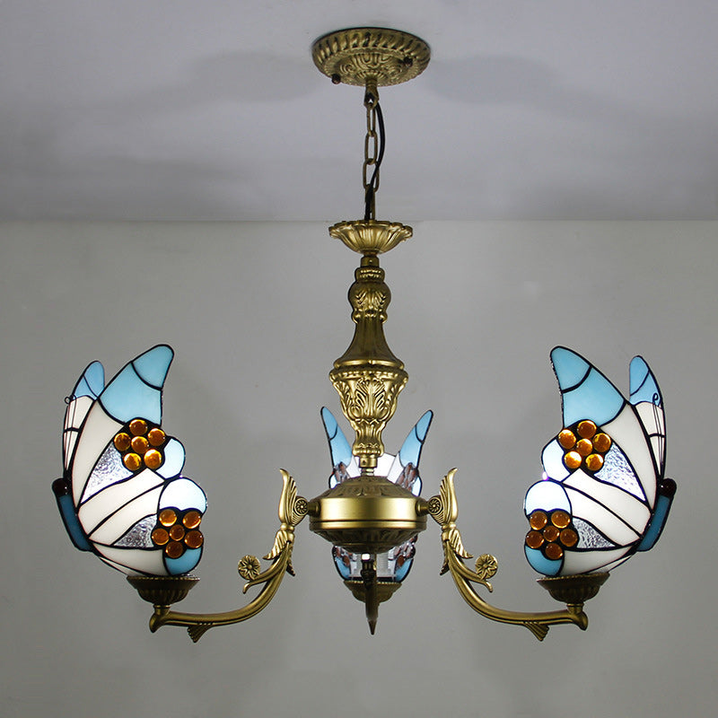 Traditional Tiffany Butterfly Shape Alloy Glass 3/5 Light Chandelier For Bedroom