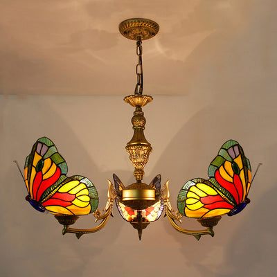 Traditional Tiffany Butterfly Shape Alloy Glass 3/5 Light Chandelier For Bedroom