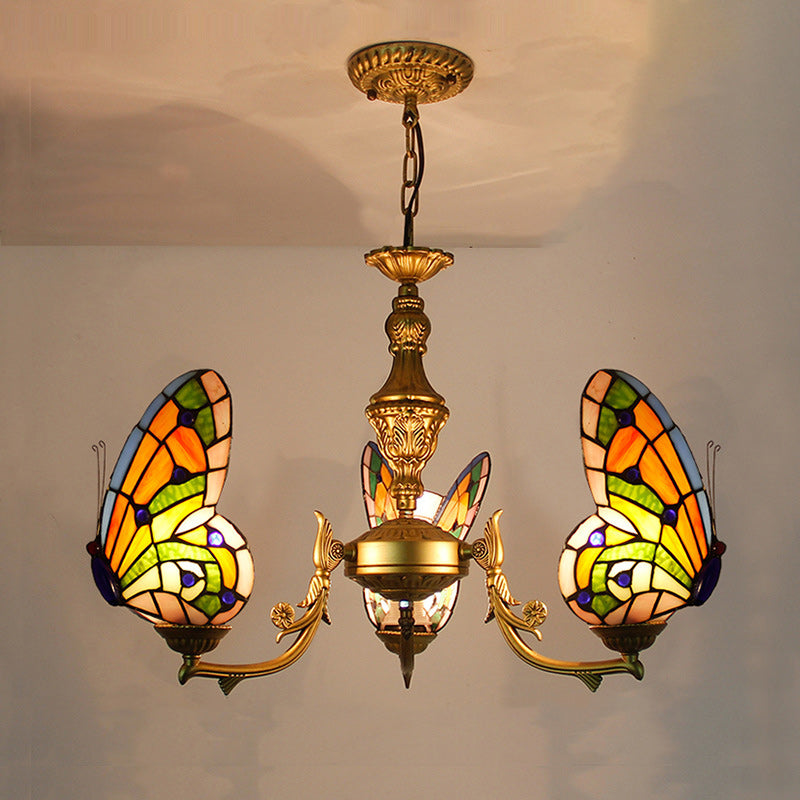 Traditional Tiffany Butterfly Shape Alloy Glass 3/5 Light Chandelier For Bedroom