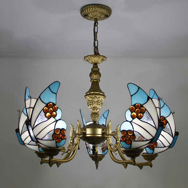 Traditional Tiffany Butterfly Shape Alloy Glass 3/5 Light Chandelier For Bedroom