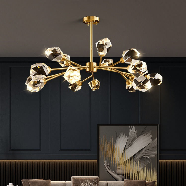 Modern Luxury Round Polygonal Copper Crystal 6/9/12/15/18 Light Chandelier For Living Room