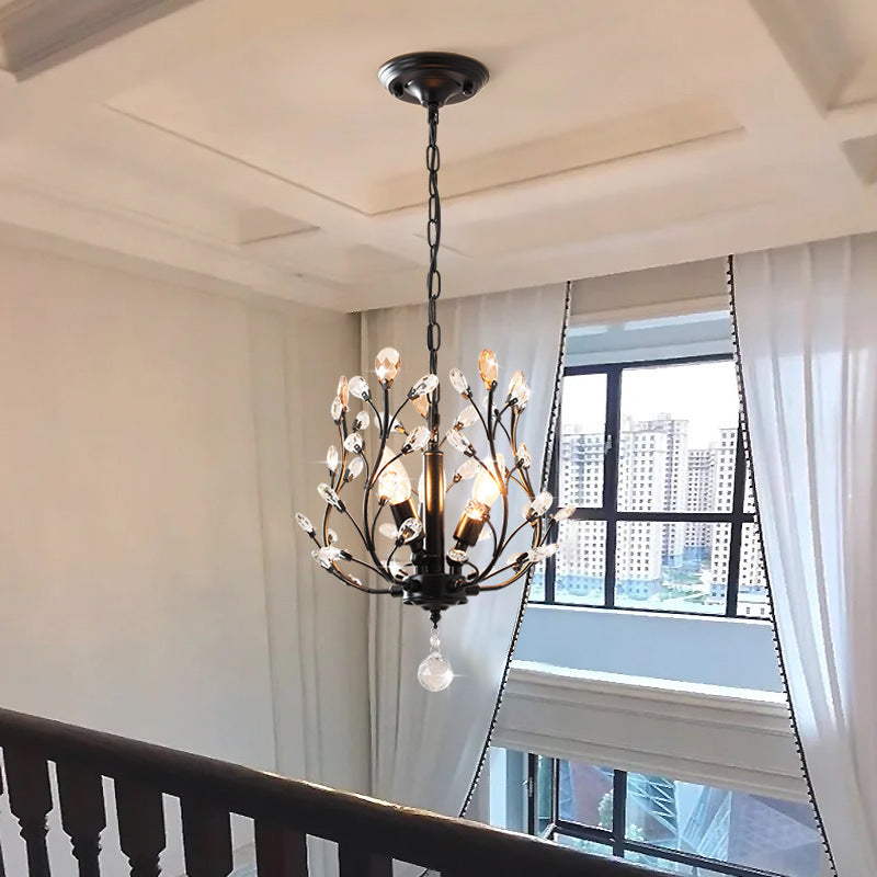 Traditional French Branch Dome Iron Crystal 3-Light Chandelier For Bedroom