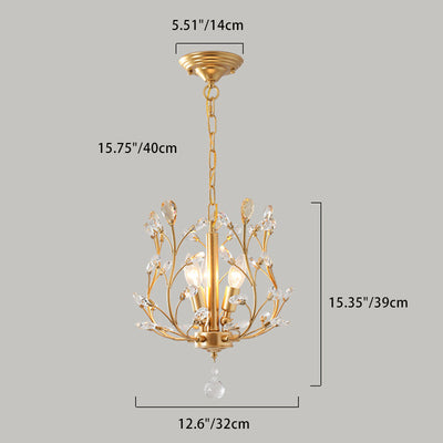 Traditional French Branch Dome Iron Crystal 3-Light Chandelier For Bedroom