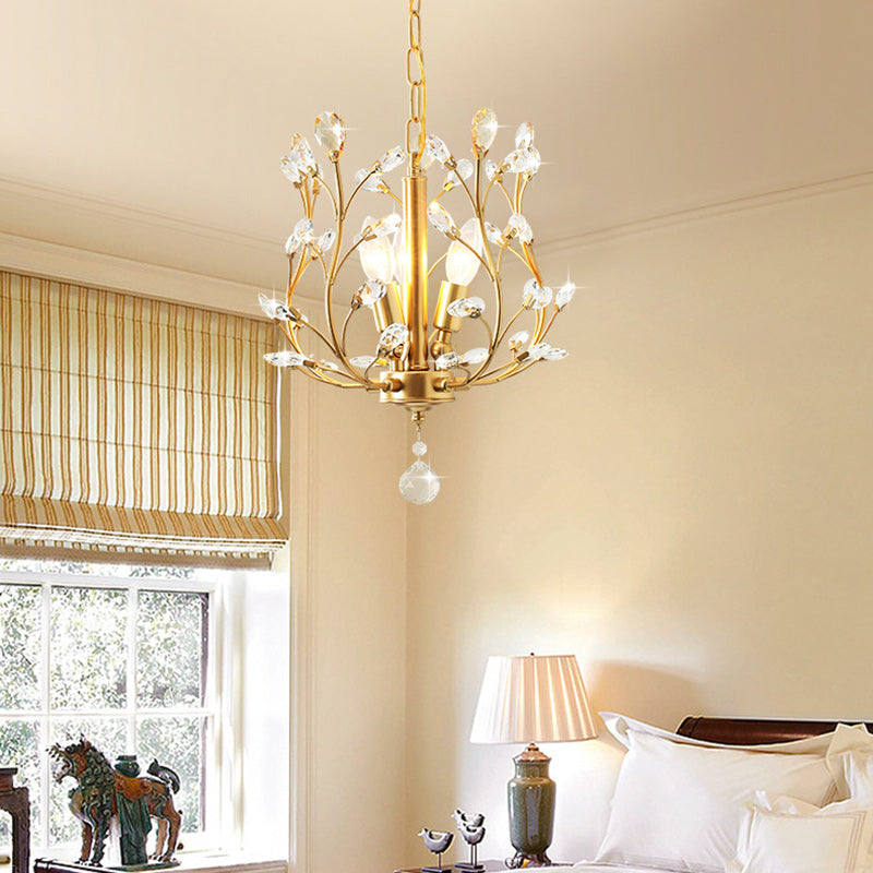 Traditional French Branch Dome Iron Crystal 3-Light Chandelier For Bedroom