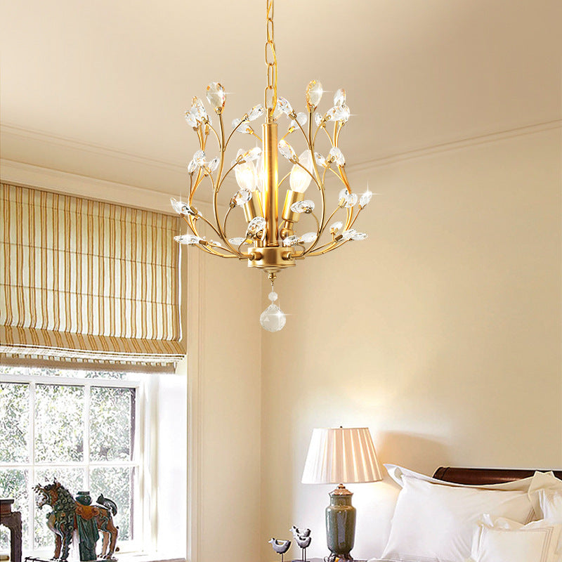 Traditional French Branch Dome Iron Crystal 3-Light Chandelier For Bedroom