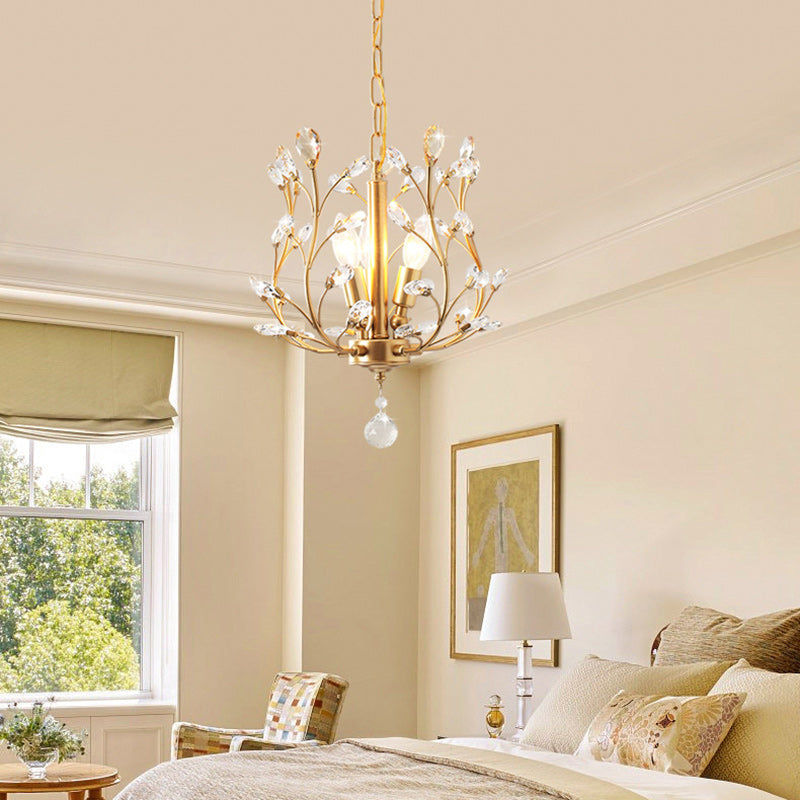 Traditional French Branch Dome Iron Crystal 3-Light Chandelier For Bedroom