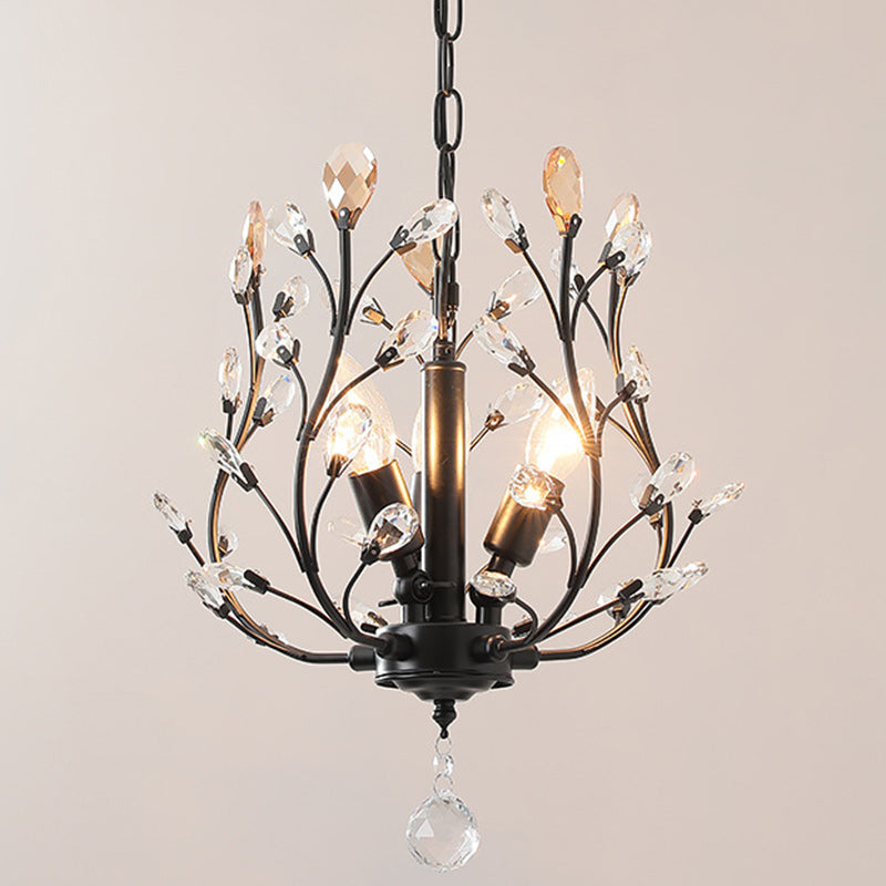 Traditional French Branch Dome Iron Crystal 3-Light Chandelier For Bedroom