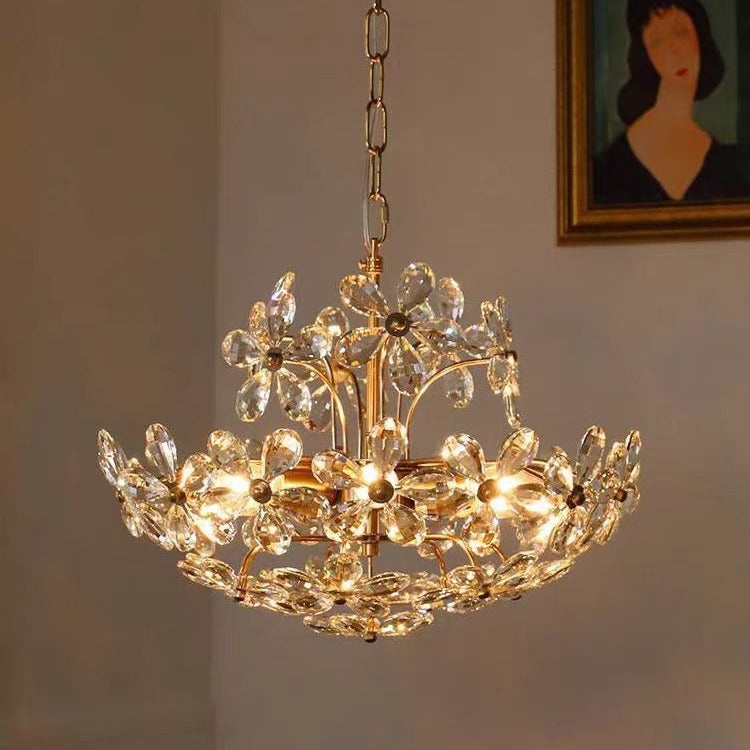 Traditional French Round Floral Copper Crystal 6/8 Light Chandelier For Bedroom