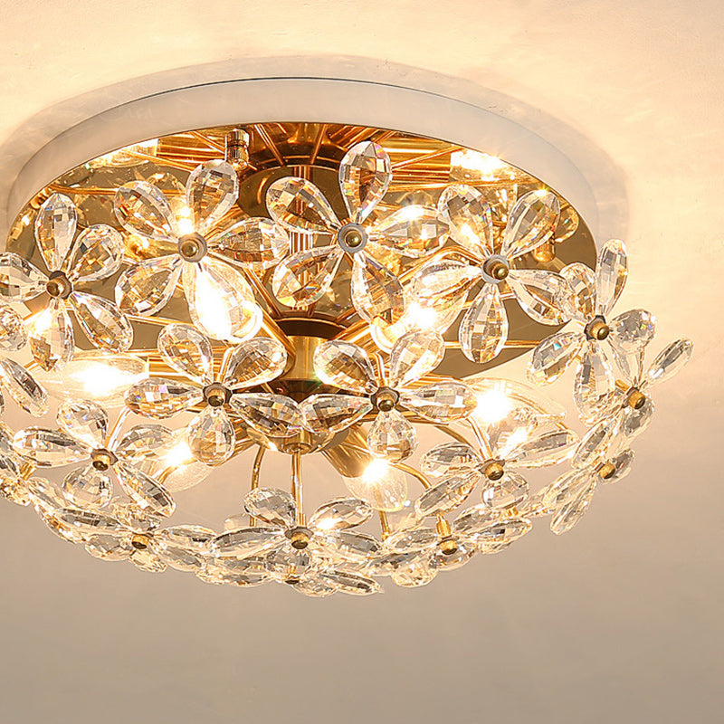 Traditional French Round Floral Dome Copper Crystal 6/8 Light Semi-Flush Mount Ceiling Light For Bedroom