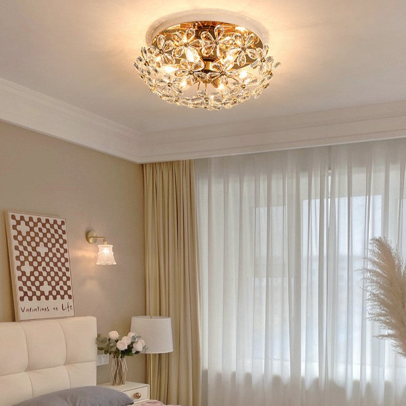 Traditional French Round Floral Dome Copper Crystal 6/8 Light Semi-Flush Mount Ceiling Light For Bedroom