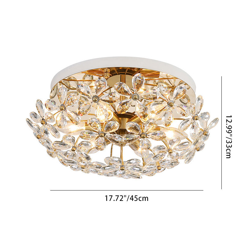 Traditional French Round Floral Dome Copper Crystal 6/8 Light Semi-Flush Mount Ceiling Light For Bedroom