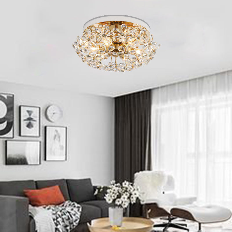 Traditional French Round Floral Dome Copper Crystal 6/8 Light Semi-Flush Mount Ceiling Light For Bedroom