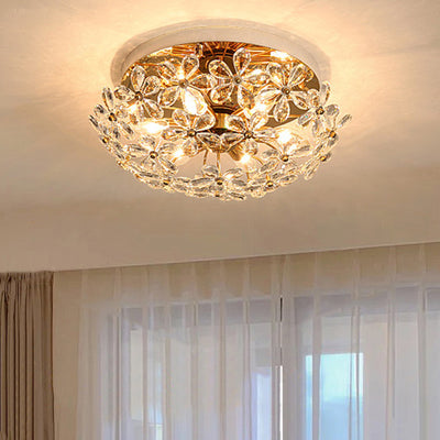 Traditional French Round Floral Dome Copper Crystal 6/8 Light Semi-Flush Mount Ceiling Light For Bedroom