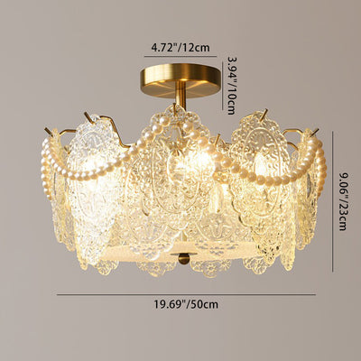 Traditional French Cream Pearl Iron Glass 5/6 Light Semi-Flush Mount Ceiling Light For Bedroom