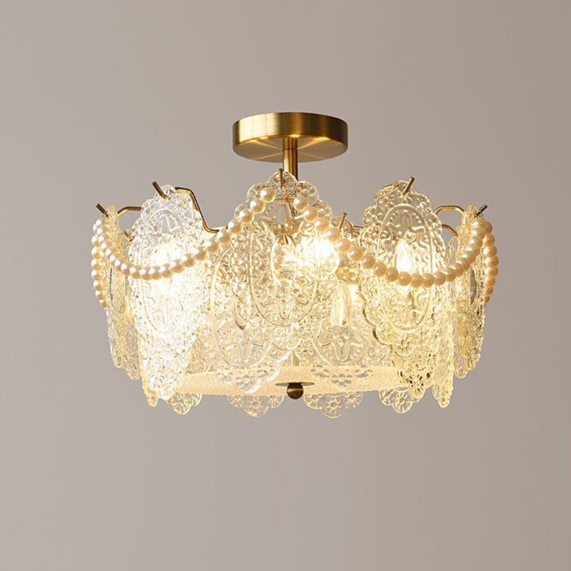 Traditional French Cream Pearl Iron Glass 5/6 Light Semi-Flush Mount Ceiling Light For Bedroom