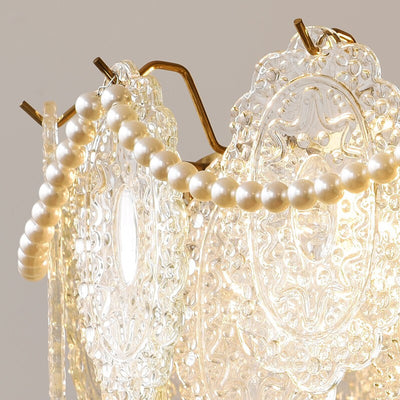 Traditional French Cream Pearl Iron Glass 5/6 Light Semi-Flush Mount Ceiling Light For Bedroom