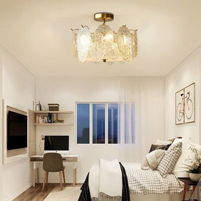 Traditional French Cream Pearl Iron Glass 5/6 Light Semi-Flush Mount Ceiling Light For Bedroom