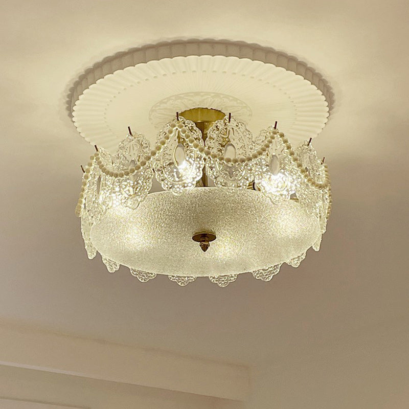 Traditional French Cream Pearl Iron Glass 5/6 Light Semi-Flush Mount Ceiling Light For Bedroom