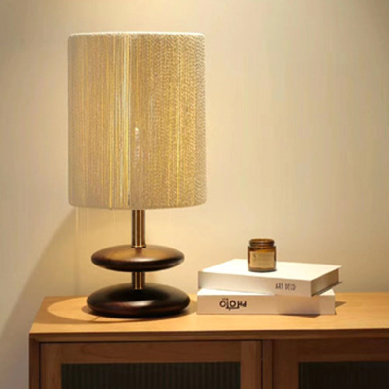 Moderne Mid-Century Runde Zylindrische Esche Holz Papier Seil Hardware 1-Licht Tisch Lampe Für Schlafzimmer 