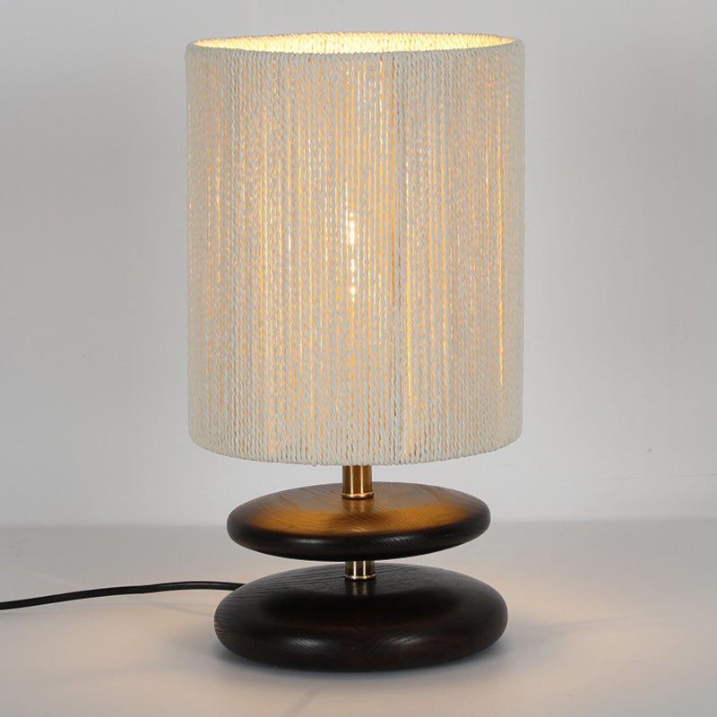 Moderne Mid-Century Runde Zylindrische Esche Holz Papier Seil Hardware 1-Licht Tisch Lampe Für Schlafzimmer 