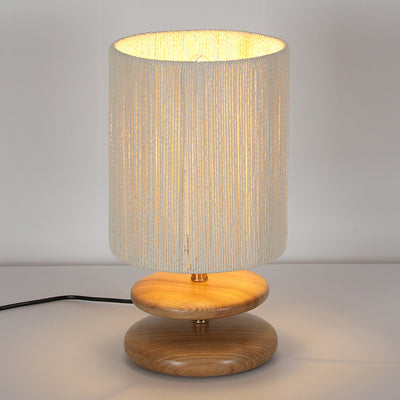 Moderne Mid-Century Runde Zylindrische Esche Holz Papier Seil Hardware 1-Licht Tisch Lampe Für Schlafzimmer 