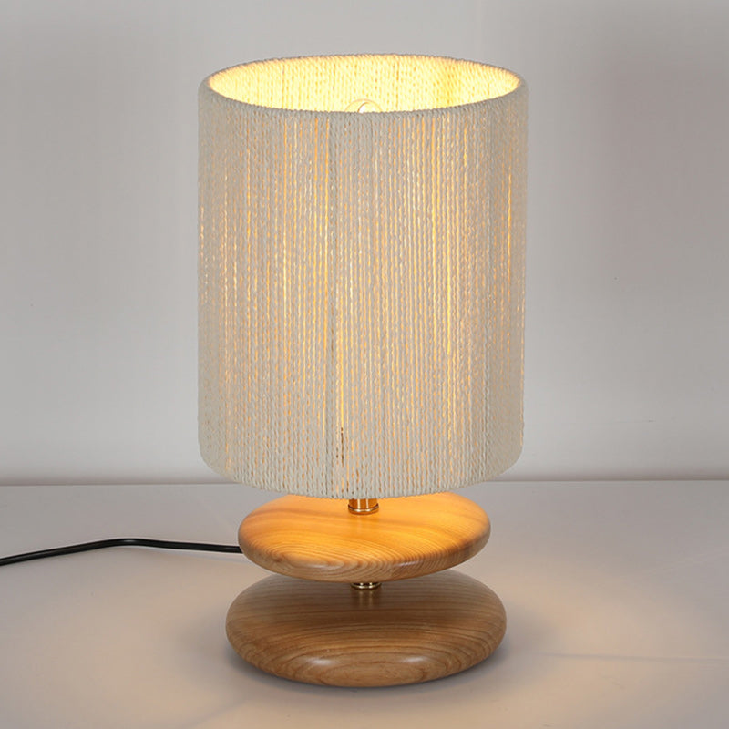 Moderne Mid-Century Runde Zylindrische Esche Holz Papier Seil Hardware 1-Licht Tisch Lampe Für Schlafzimmer 